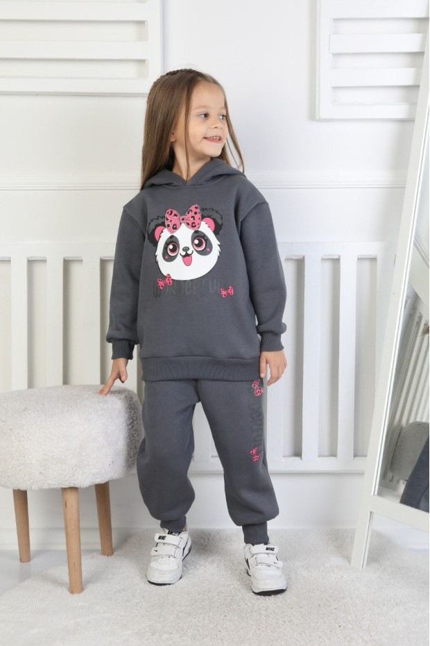 Üç İplik Şardonlu Baskılı Kapüşonlu Kız Çocuk Takım