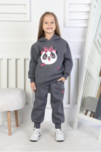 Üç İplik Şardonlu Baskılı Kapüşonlu Kız Çocuk Takım