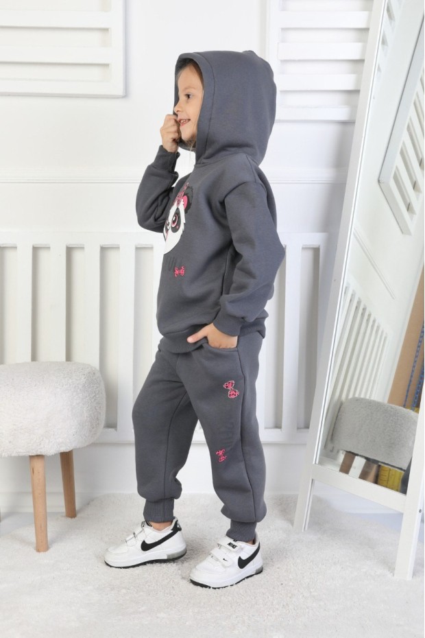 Üç İplik Şardonlu Baskılı Kapüşonlu Kız Çocuk Takım