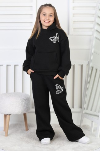 Üç İplik Şardonlu Baskılı Kapüşonlu Kız Çocuk Takım