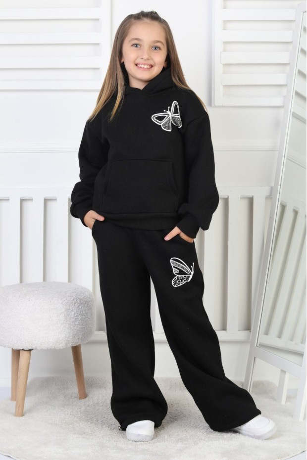 Üç İplik Şardonlu Baskılı Kapüşonlu Kız Çocuk Takım