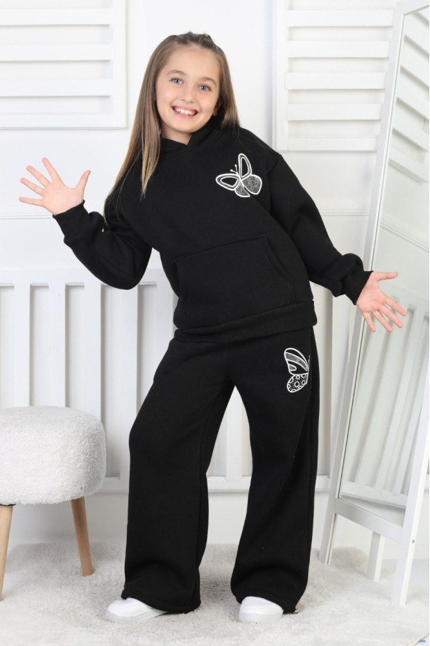 Üç İplik Şardonlu Baskılı Kapüşonlu Kız Çocuk Takım