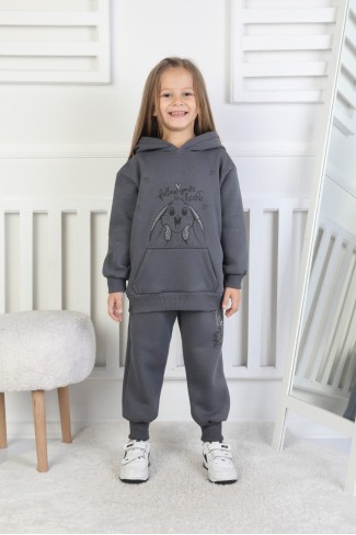 Üç İplik Şardonlu Baskılı Kapüşonlu Kız Çocuk Takım