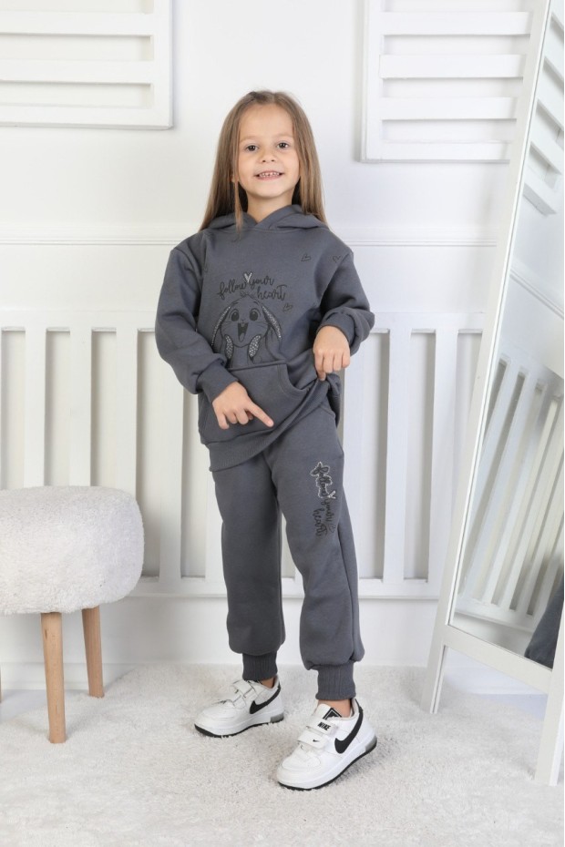 Üç İplik Şardonlu Baskılı Kapüşonlu Kız Çocuk Takım
