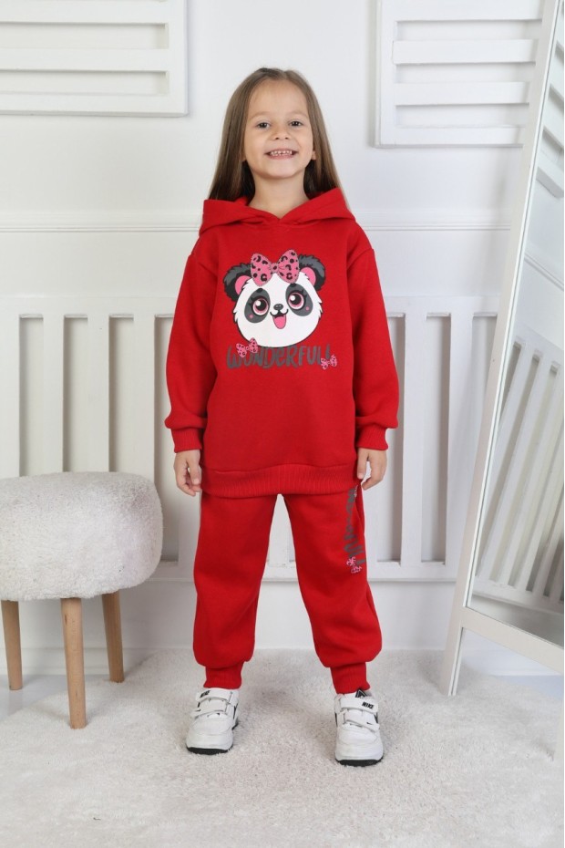 Üç İplik Şardonlu Baskılı Kapüşonlu Kız Çocuk Takım