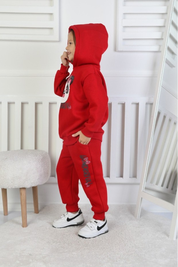 Üç İplik Şardonlu Baskılı Kapüşonlu Kız Çocuk Takım