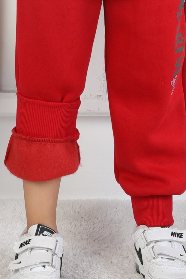 Üç İplik Şardonlu Baskılı Kapüşonlu Kız Çocuk Takım