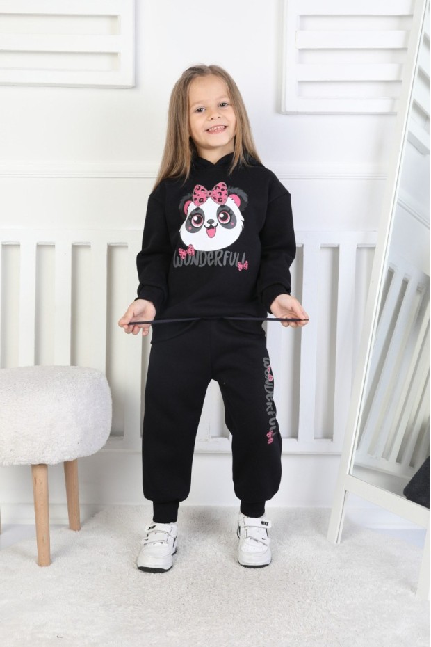 Üç İplik Şardonlu Baskılı Kapüşonlu Kız Çocuk Takım