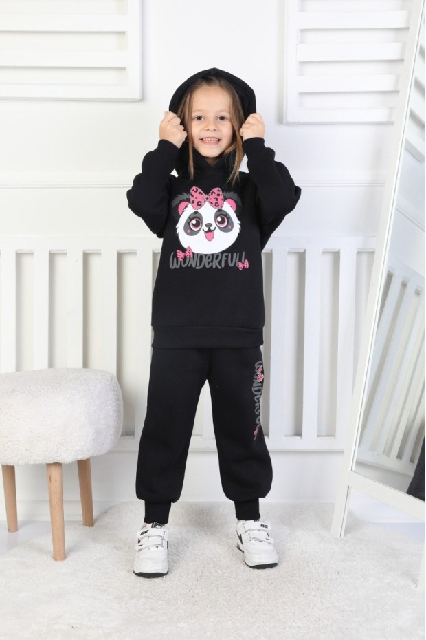 Üç İplik Şardonlu Baskılı Kapüşonlu Kız Çocuk Takım