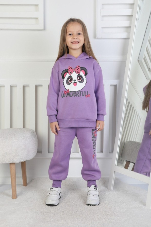 Üç İplik Şardonlu Baskılı Kapüşonlu Kız Çocuk Takım