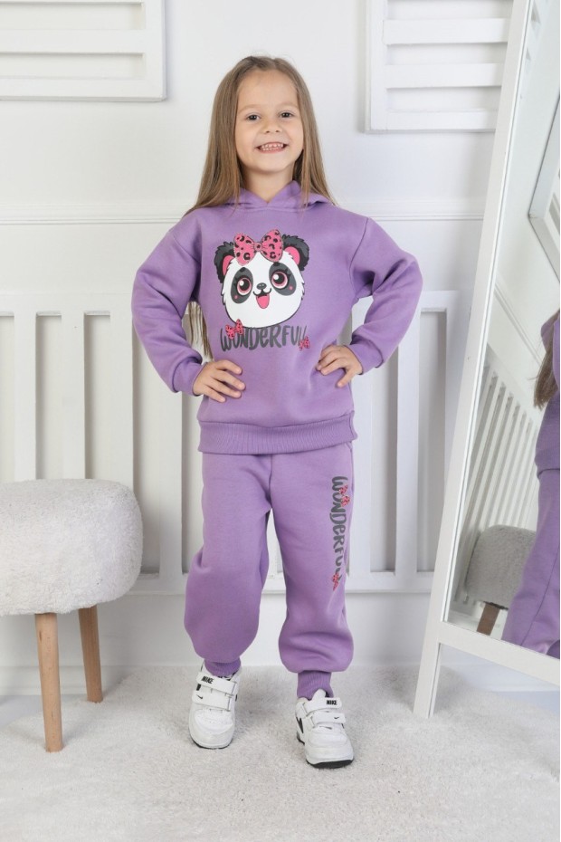 Üç İplik Şardonlu Baskılı Kapüşonlu Kız Çocuk Takım
