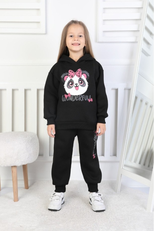 Üç İplik Şardonlu Baskılı Kapüşonlu Kız Çocuk Takım