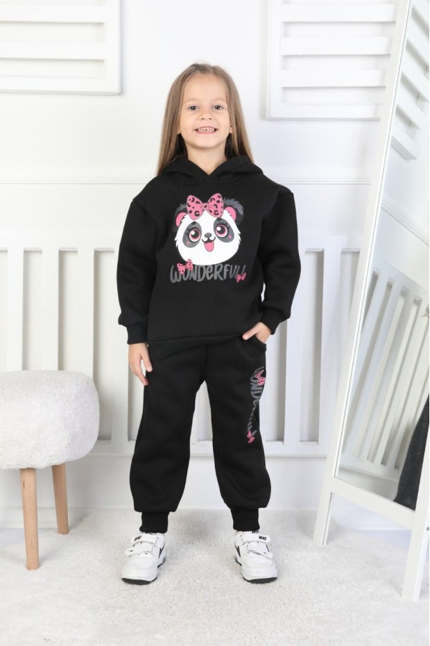 Üç İplik Şardonlu Baskılı Kapüşonlu Kız Çocuk Takım