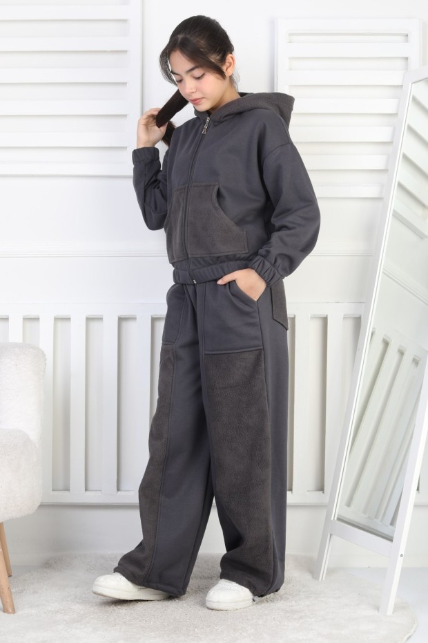 Üç İplik Şardonlu Kapüşonlu Kız Çocuk Takım