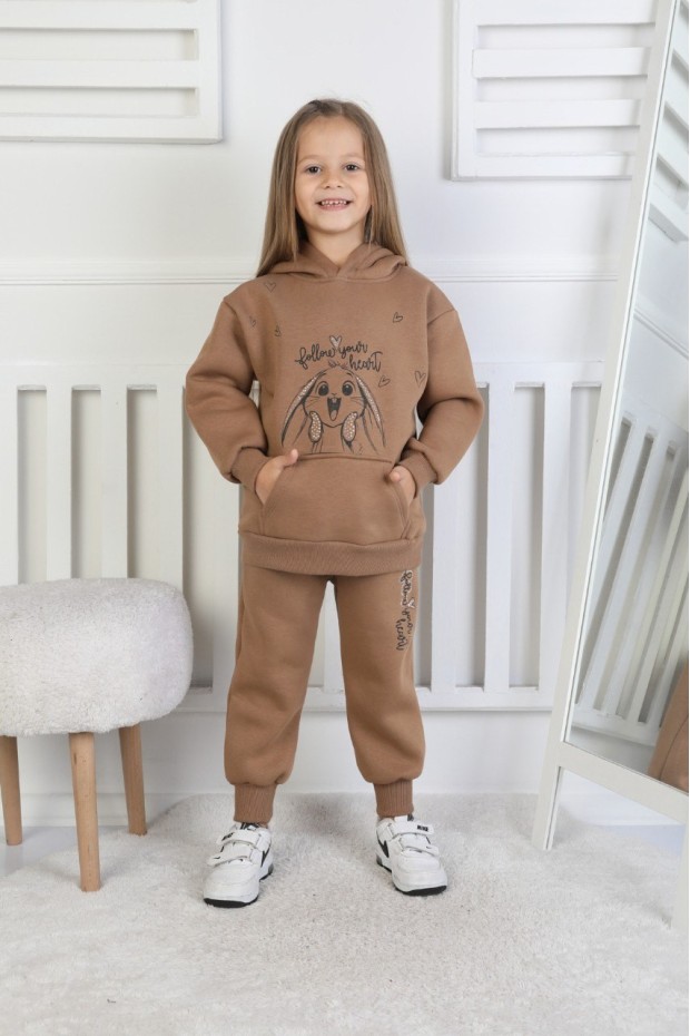 Üç İplik Şardonlu Baskılı Kapüşonlu Kız Çocuk Takım