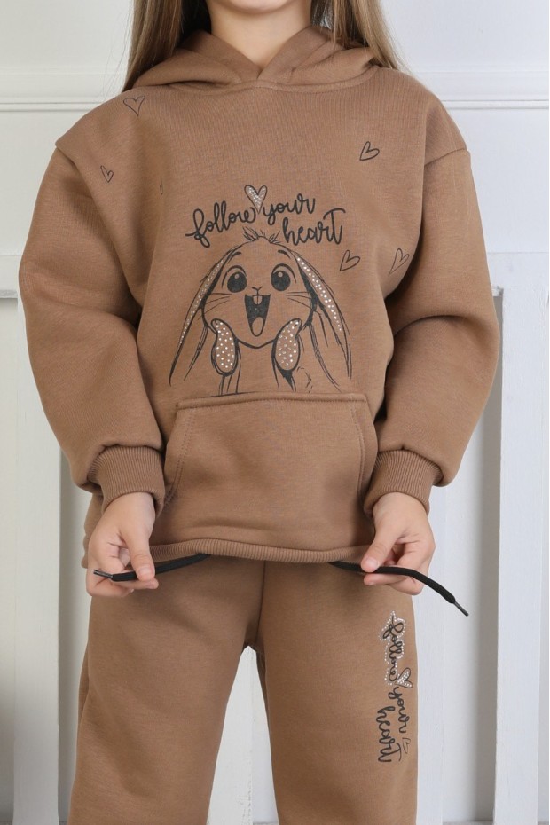 Üç İplik Şardonlu Baskılı Kapüşonlu Kız Çocuk Takım