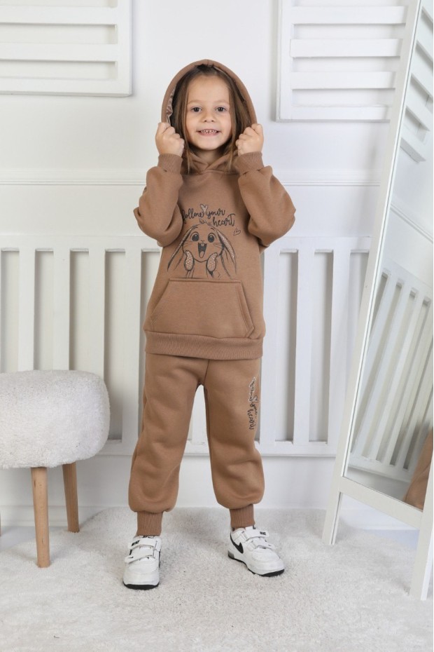 Üç İplik Şardonlu Baskılı Kapüşonlu Kız Çocuk Takım