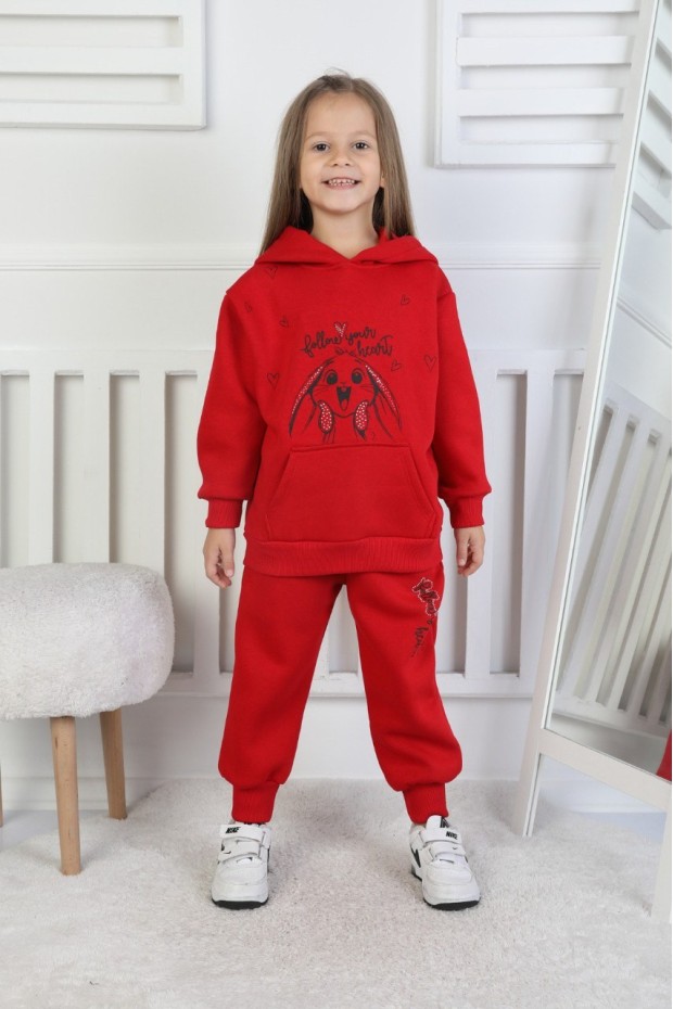 Üç İplik Şardonlu Baskılı Kapüşonlu Kız Çocuk Takım
