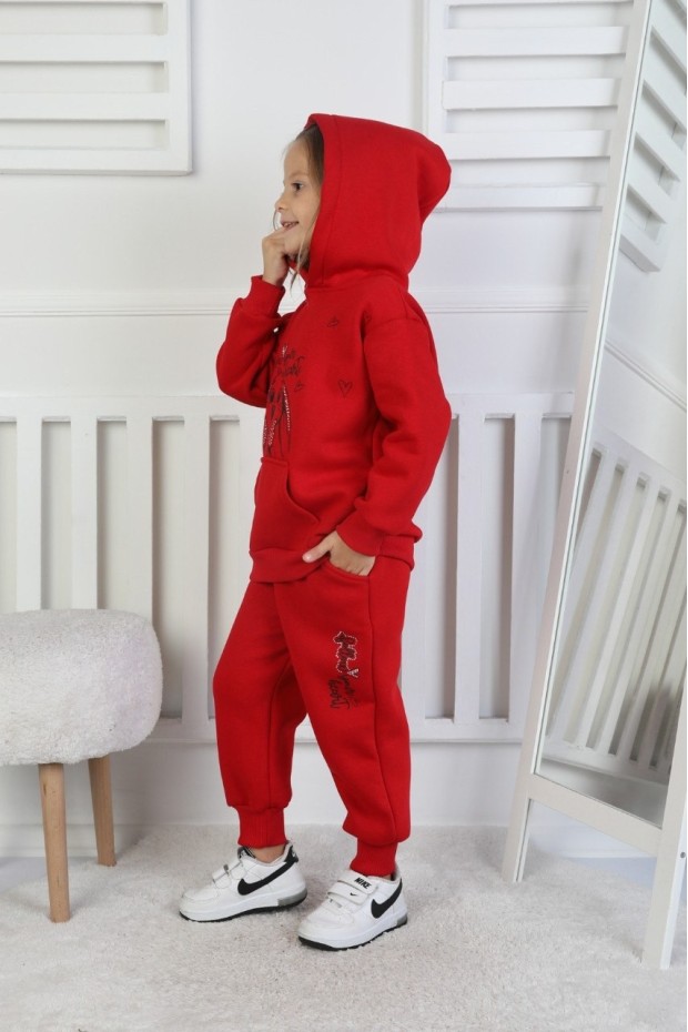 Üç İplik Şardonlu Baskılı Kapüşonlu Kız Çocuk Takım