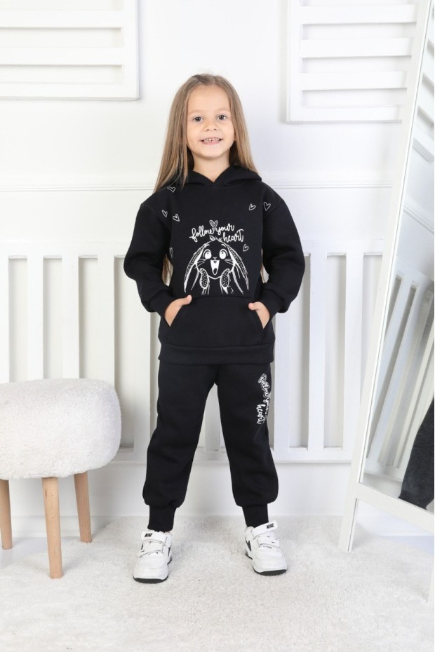 Üç İplik Şardonlu Baskılı Kapüşonlu Kız Çocuk Takım