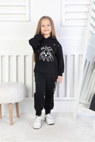 Üç İplik Şardonlu Baskılı Kapüşonlu Kız Çocuk Takım