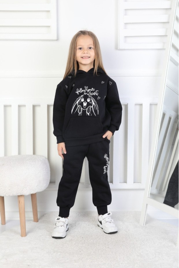 Üç İplik Şardonlu Baskılı Kapüşonlu Kız Çocuk Takım
