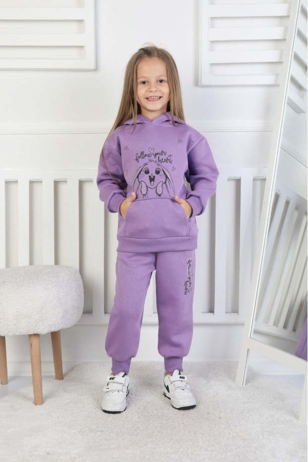 Üç İplik Şardonlu Baskılı Kapüşonlu Kız Çocuk Takım