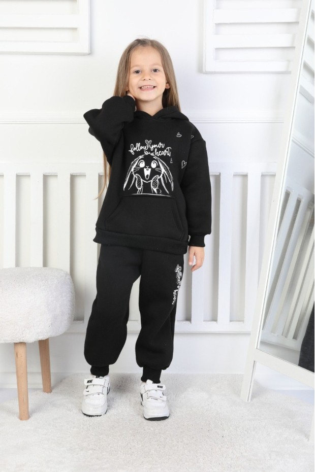 Üç İplik Şardonlu Baskılı Kapüşonlu Kız Çocuk Takım