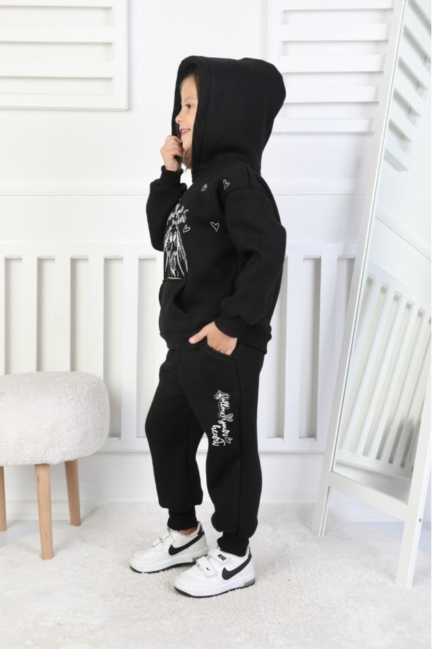 Üç İplik Şardonlu Baskılı Kapüşonlu Kız Çocuk Takım