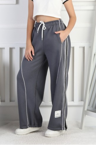 Üç İplik Şardonlu Çapraz Çizgili Bol Paça Kız Çocuk Eşofman Altı