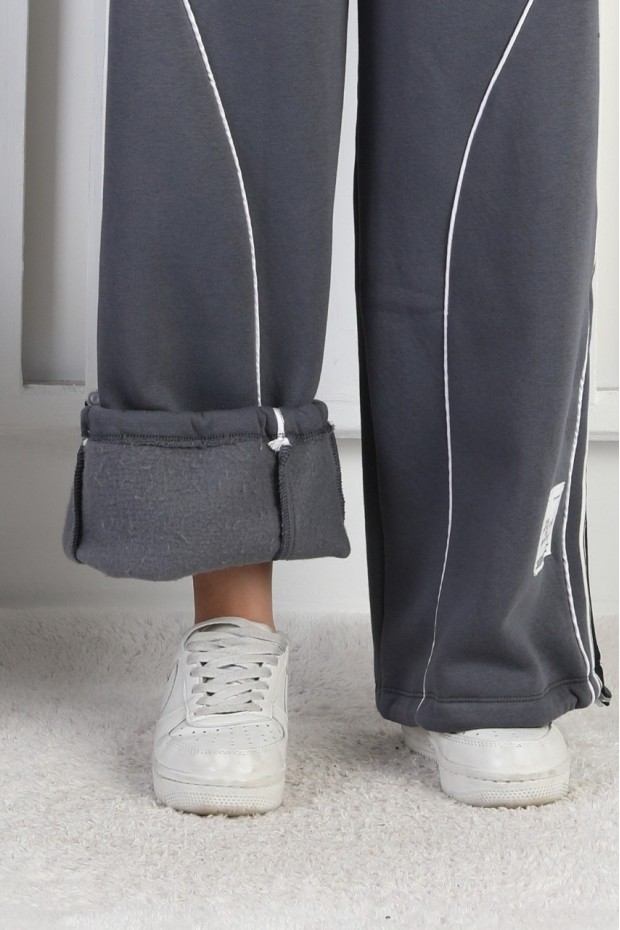 Üç İplik Şardonlu Çapraz Çizgili Bol Paça Kız Çocuk Eşofman Altı