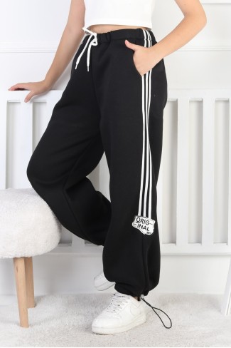 Üç İplik Şardonlu Çizgili Bol Paça Kız Çocuk Eşofman Altı