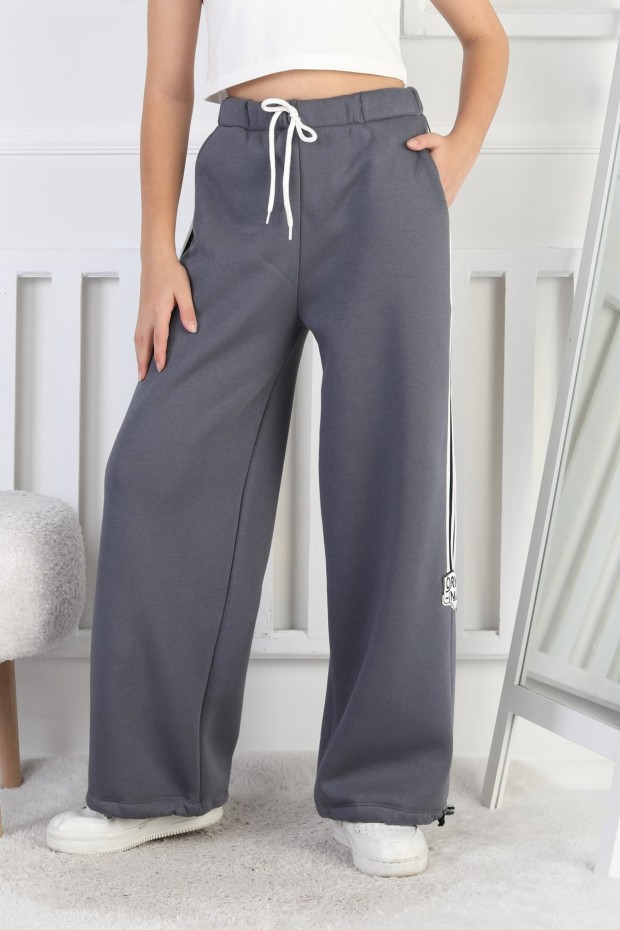 Üç İplik Şardonlu Çizgili Bol Paça Kız Çocuk Eşofman Altı