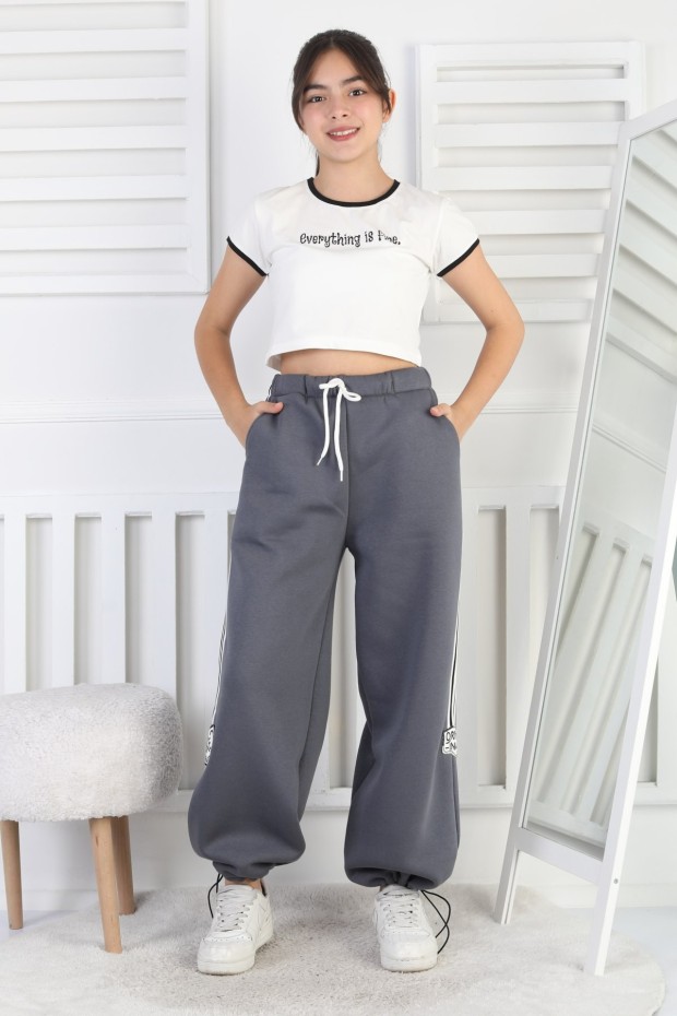 Üç İplik Şardonlu Çizgili Bol Paça Kız Çocuk Eşofman Altı