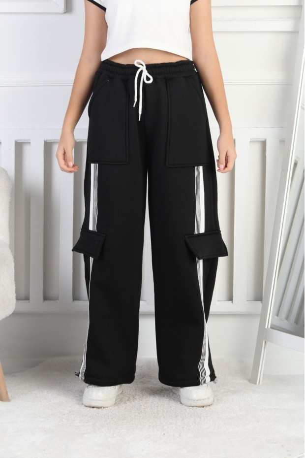 Üç İplik Şardonlu Kargo Çep Detaylı Bol Paça Kız Çocuk Eşofman Altı