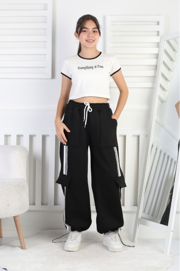 Üç İplik Şardonlu Kargo Çep Detaylı Bol Paça Kız Çocuk Eşofman Altı