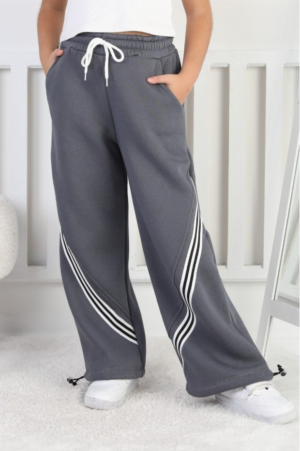 Üç İplik Şardonlu Öne Çizgili Bol Paça Kız Çocuk Eşofman Altı