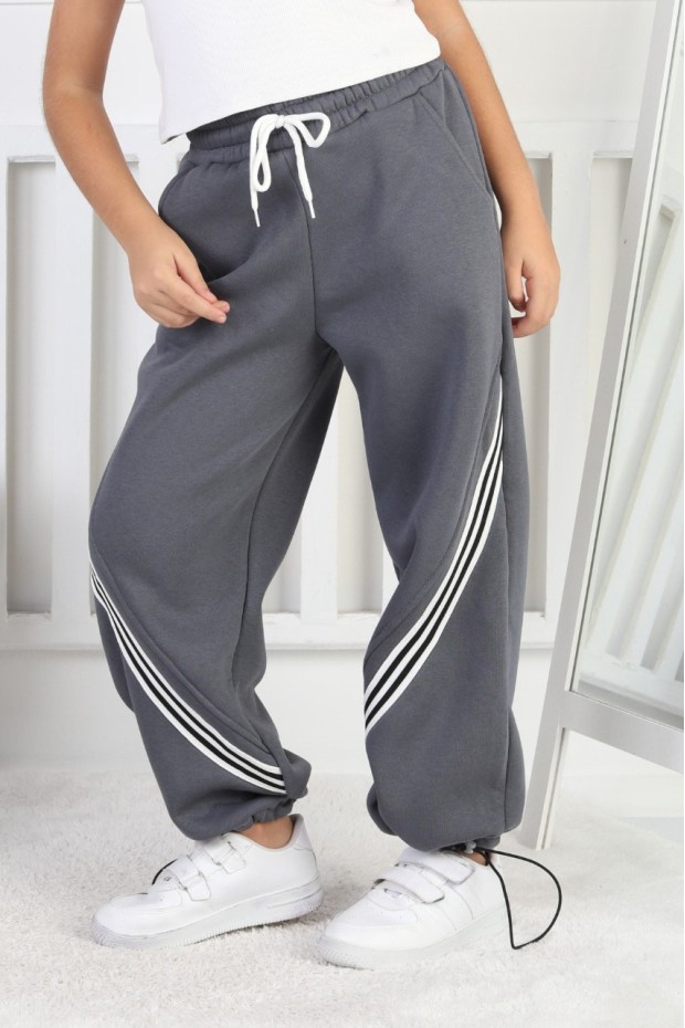 Üç İplik Şardonlu Öne Çizgili Bol Paça Kız Çocuk Eşofman Altı