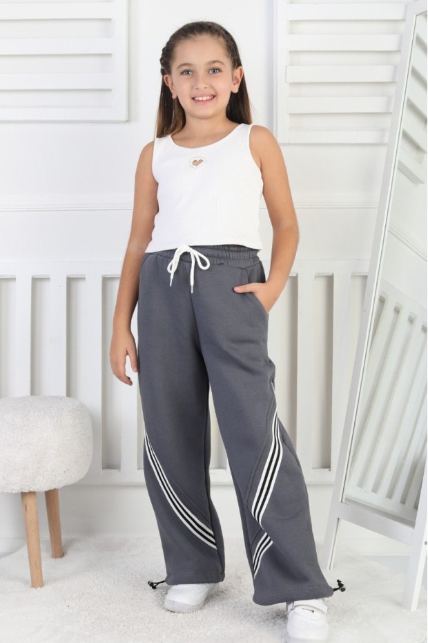 Üç İplik Şardonlu Öne Çizgili Bol Paça Kız Çocuk Eşofman Altı