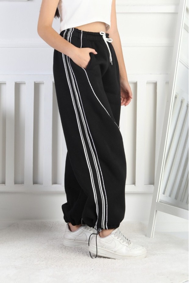 Üç İplik Şardonlu Çapraz Çizgili Bol Paça Kız Çocuk Eşofman Altı