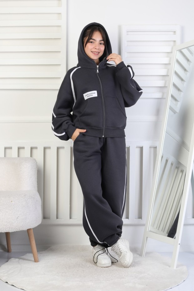 Üç İplik Şardonlu Fermuarlı Kapüşonlu Kız Çocuk Takım