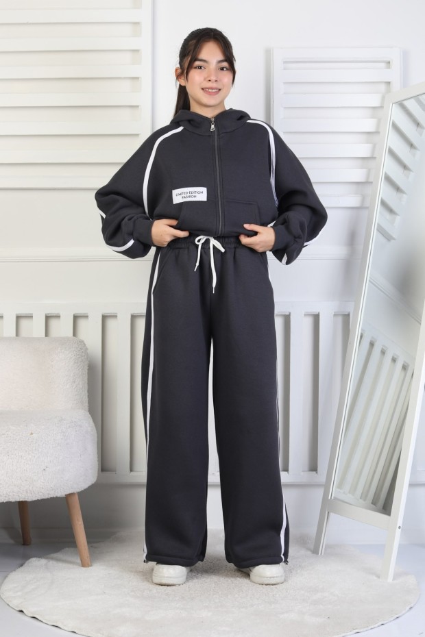 Üç İplik Şardonlu Fermuarlı Kapüşonlu Kız Çocuk Takım