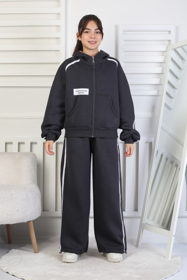 Üç İplik Şardonlu Fermuarlı Kapüşonlu Kız Çocuk Takım