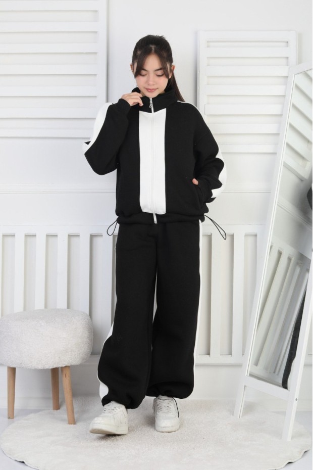 Üç İplik Şardonlu Çizgili Fermuarlı Kız Çocuk Takım