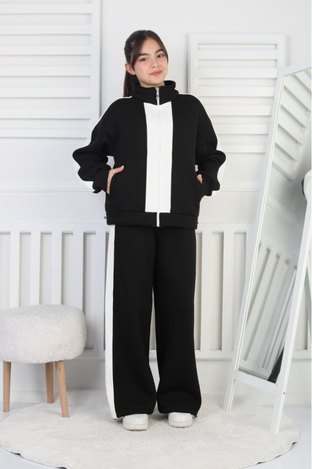 Üç İplik Şardonlu Çizgili Fermuarlı Kız Çocuk Takım