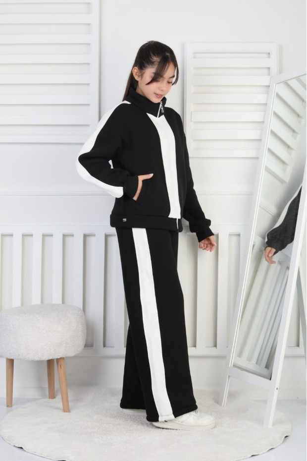 Üç İplik Şardonlu Çizgili Fermuarlı Kız Çocuk Takım