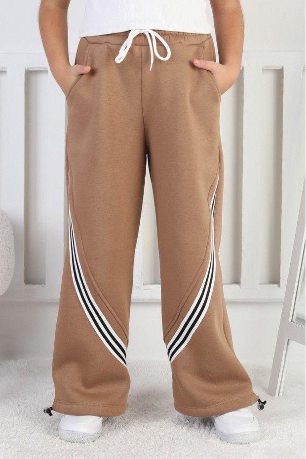 Üç İplik Şardonlu Öne Çizgili Bol Paça Kız Çocuk Eşofman Altı