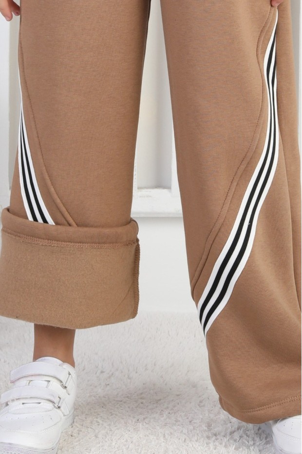 Üç İplik Şardonlu Öne Çizgili Bol Paça Kız Çocuk Eşofman Altı