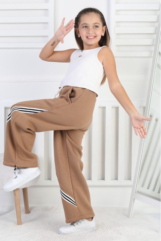 Üç İplik Şardonlu Öne Çizgili Bol Paça Kız Çocuk Eşofman Altı