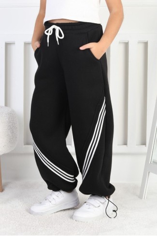 Üç İplik Şardonlu Öne Çizgili Bol Paça Kız Çocuk Eşofman Altı